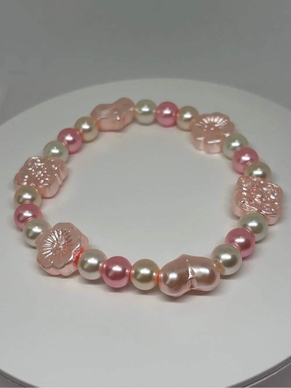 Hand Crafted premium glass Pink and white Pearl & Floral Bead Stretch Bracelet